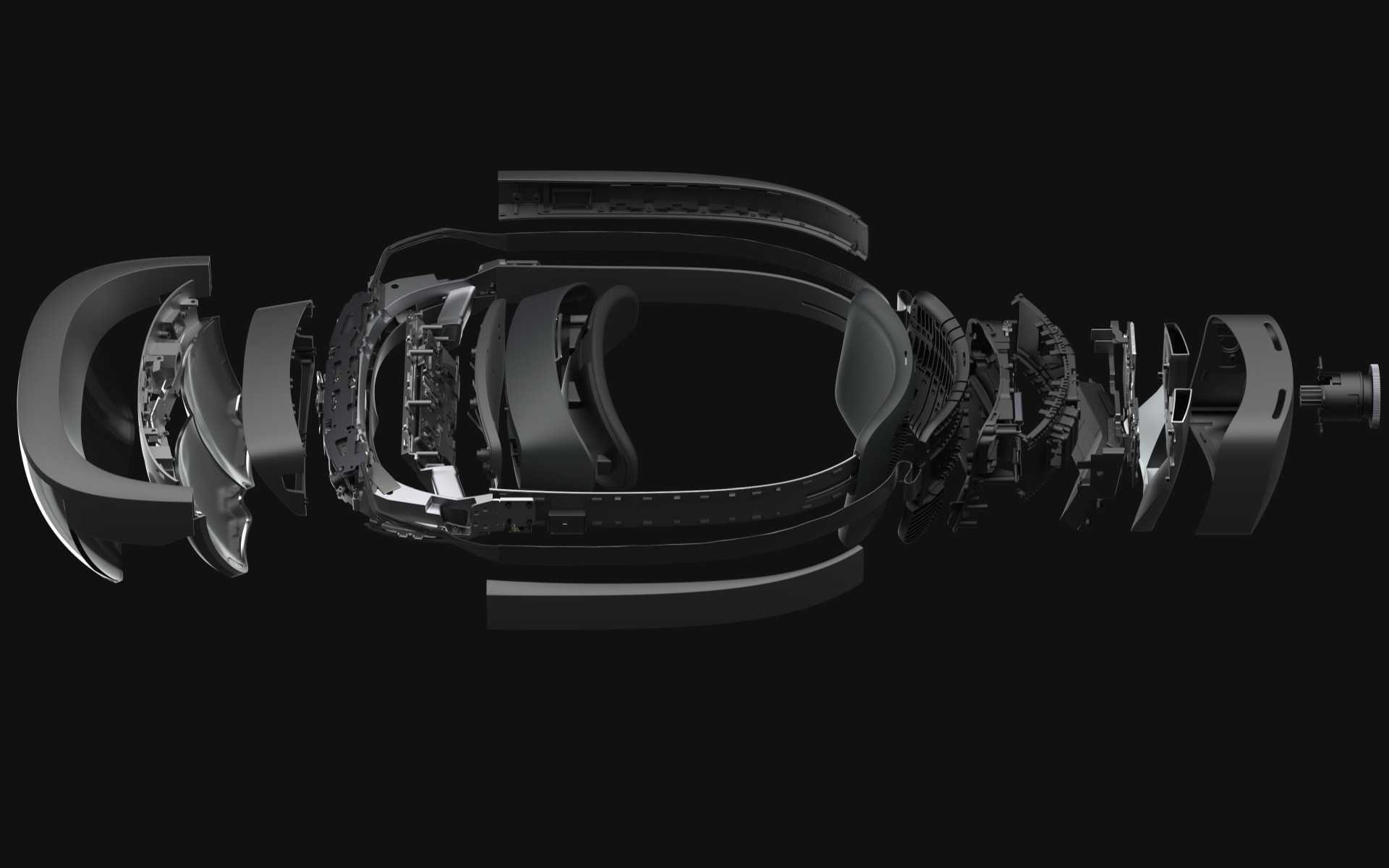 Exploded engineering view of mixed reality eyewear